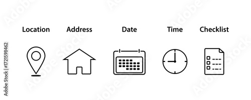 Event Planning Icons Set. Schedule and Location Icons. Location, Address, Date, Time, Checklist Symbols.Minimal Event Info Icons. EPS10.