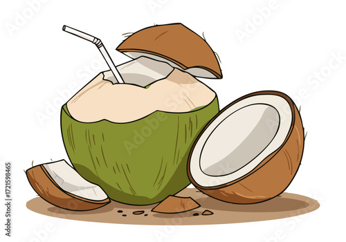 Crack the cool! refreshing coconut with water is shown outdoors highlighting its natural beauty and tropical vibe Perfect for summer wellness and healthy lifestyle imagery