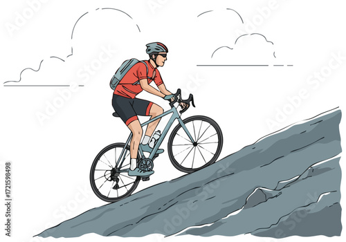 cyclist conquers a steep hill climb showcasing strength and determination Bold graphic style vibrant colors and dynamic composition make this image ideal for fitness and adventure themes