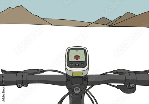 A cyclist navigates a desert landscape using a GPS device. The image showcases a clear route and a sense of adventure. Focus on the device and the expansive terrain.