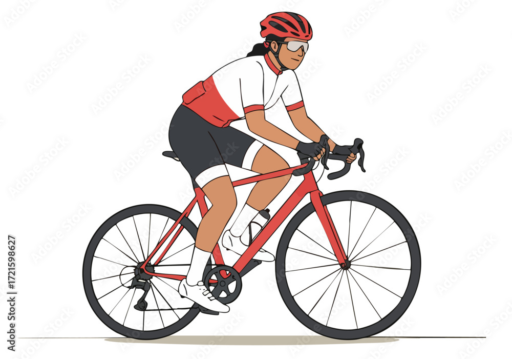 Obraz premium A determined female cyclist rides a red bike, showcasing 'Ride the Resolve'. Clean, modern illustration style. Focus on fitness and motivation.