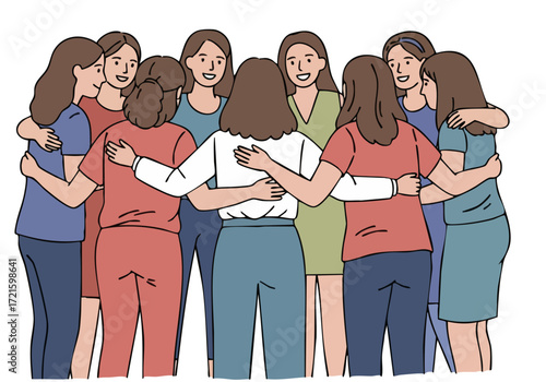 Diverse group of women embrace in a supportive hug. Warm, inclusive image promoting wellness and connection. Ideal for health, women's empowerment campaigns.