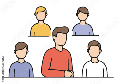 Diverse group of men connect, fostering camaraderie. Flat design illustration with a soft, teal background. Ideal for teamwork and collaboration concepts.
