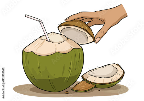 A hand cracks open a fresh coconut, revealing cool coconut water. Vibrant green and white hues create a refreshing visual. Perfect for hydration and tropical themes.