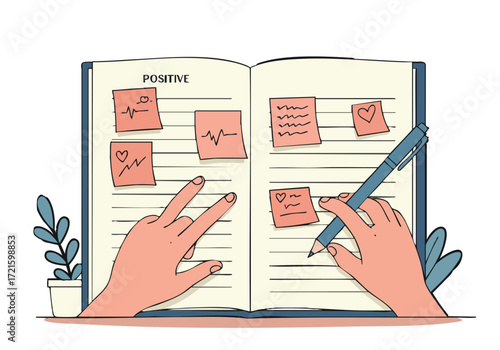 Hands write in an open notebook amidst a calming, pastel aesthetic.  Illustrative design promoting psychotherapy and mental wellness. Positive, nurturing imagery.