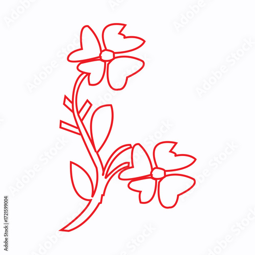 Red outline of a delicate floral branch with two blooming flowers and leaves, isolated on white background