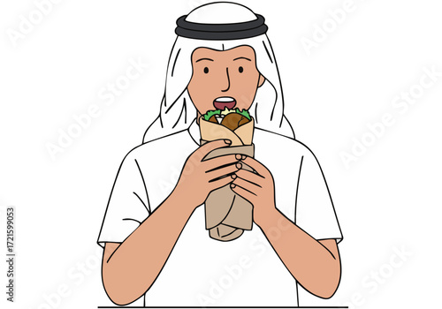 A Middle Eastern man enjoys a falafel wrap, showcasing a vibrant culinary experience. Clean, modern illustration style. Perfect for food, travel, and culture themes.