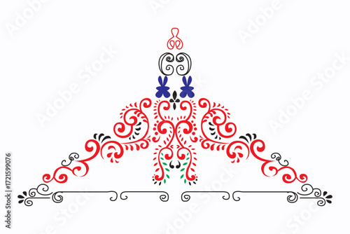 Intricate decorative flourish with red, blue, and black elements, symmetrical design, isolated on white background