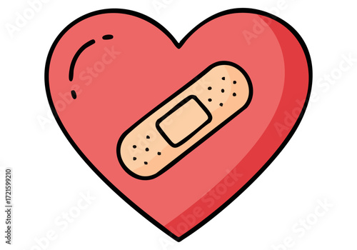 A red heart with a bandage symbolizes healing and recovery. Simple, modern icon design. Suitable for emotional, wellness, or support themes.