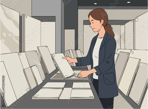 A professional woman examines tile samples in a showroom. She?s thoughtfully selecting a slab, showcasing a modern design choice. Clean, bright setting.
