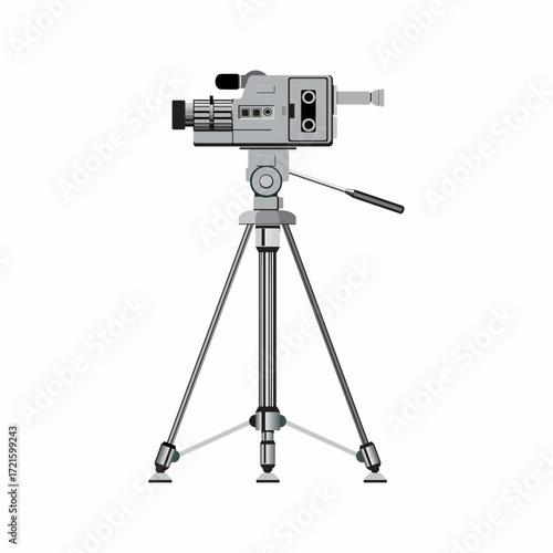 Vintage film camera on a tripod, isolated on white background