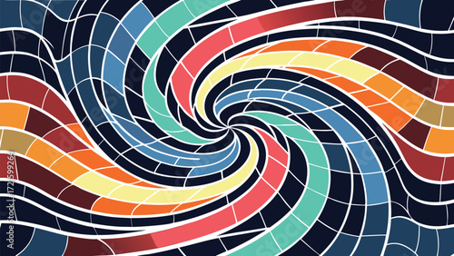 Abstract Swirling Grid Pattern with Warm and Cool Colors Keywords: abstract, pattern, swirling, grid, colorful, geometric, design, background, art, modern, graphic, illustration, texture, dynamic