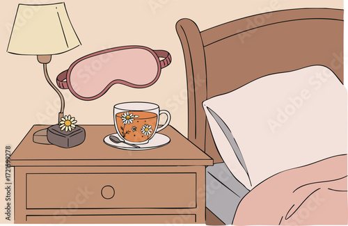 Relax and rejuvenate! A serene scene featuring a bedside table with a cup of tea, eye mask, and flower. Perfect for promoting wellness and self-care.  'Rest the Renewal'.