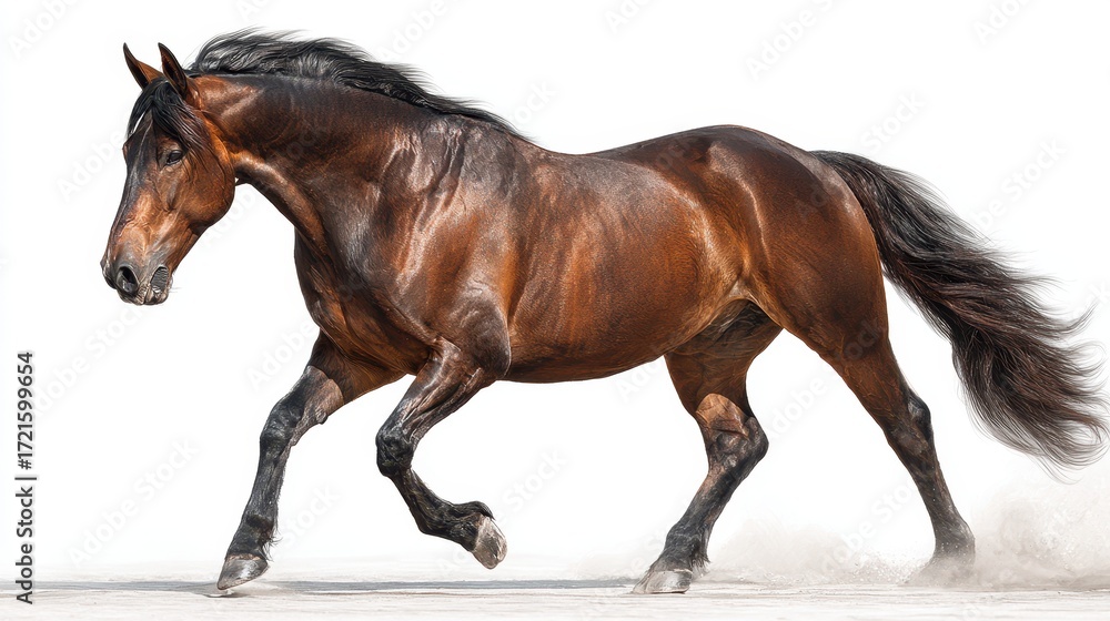 Obraz premium Brown horse running gracefully across a sandy area during daylight hours in a dramatic pose
