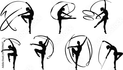 Rhythmic gymnastics silhouette with ribbon, female gymnast performance, artistic dance sport, acrobatics movement, elegant athlete, fitness exercise, competition illustration