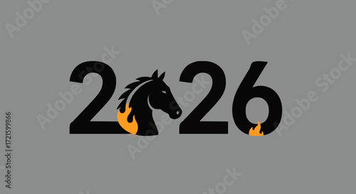 Modern graphic design of 2026 year text with horse icon and fire elements in black, orange, and gray, representing the New Year and Chinese zodiac Fire Horse
