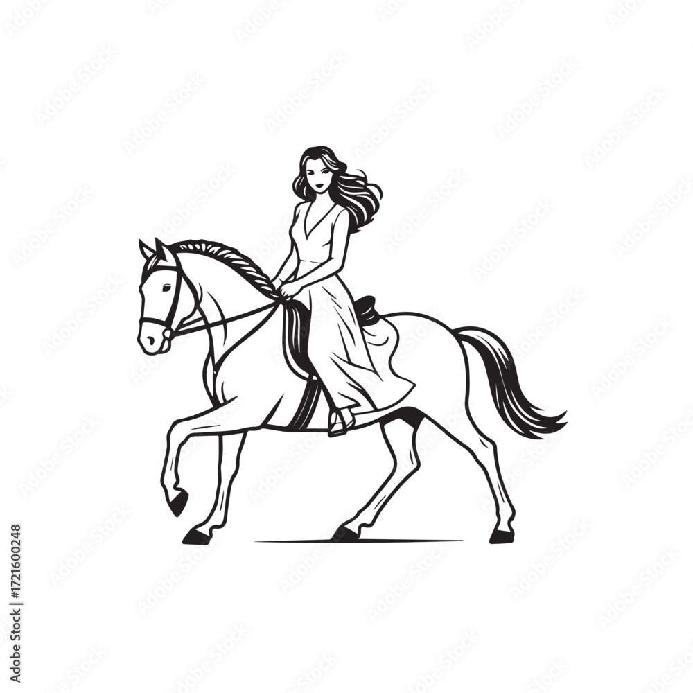 Obraz premium Black and white line art of a beautiful woman with perfect body riding horse elegant minimalist illustration