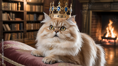 Majestic fluffy cat wearing a golden crown rests regally on a velvet cushion in a library with a fireplace.