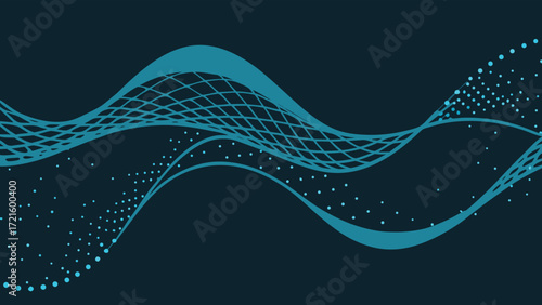 Abstract Teal Wavy Lines and Dots on Dark Blue Background wave