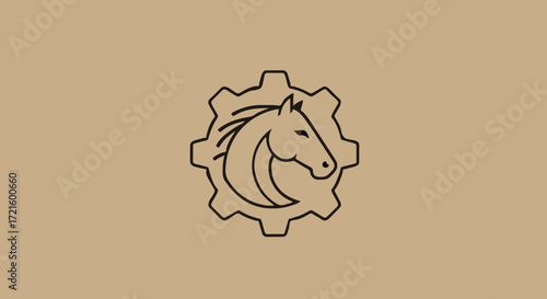 Line art horse head and gear logo in black, beige, and orange representing strength and engineering