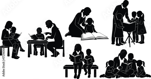 Teacher and parents reading with children, education learning silhouettes, classroom study, kids reading books, literacy teaching, school learning illustration vector
