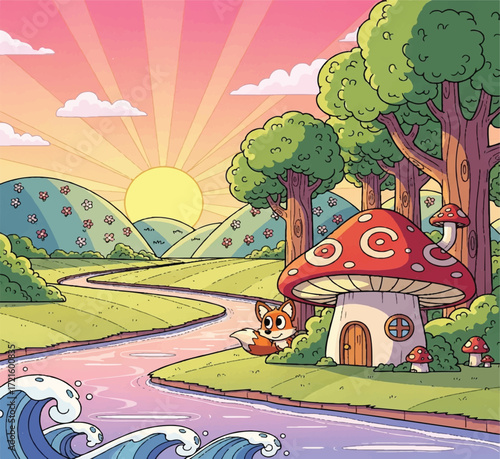 Whimsical cartoon landscape with mushroom house and cute fox by the river at sunset, perfect for children's books and fairy tale designs