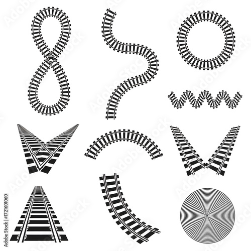 Collection of stylized railway tracks in various shapes and forms isolated on a transparent background.