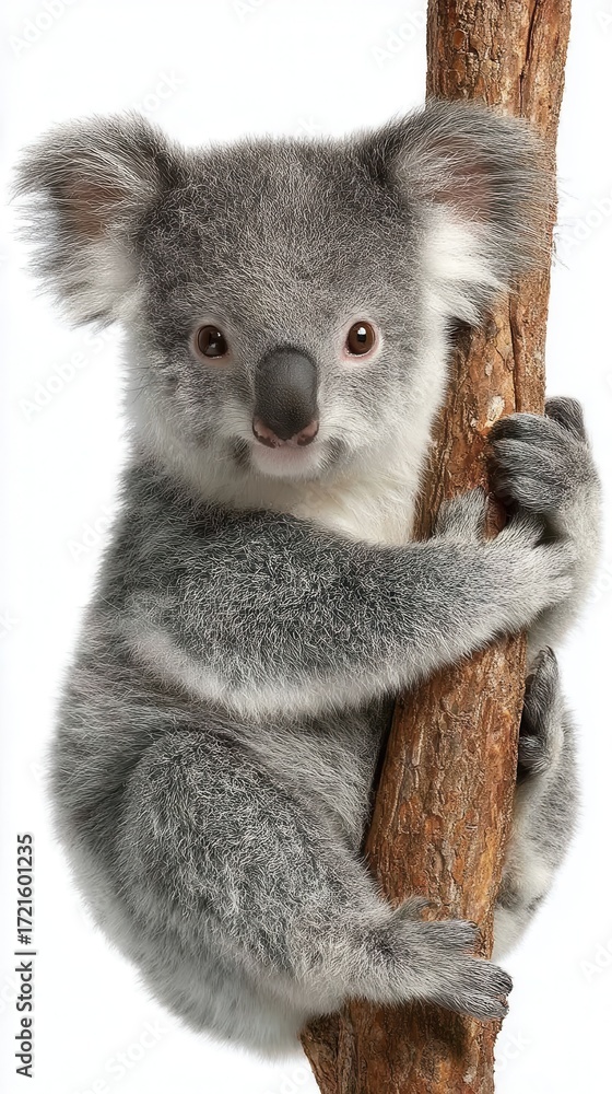 Naklejka premium Closeup of a cute koala joey clinging to a tree branch against a white background.