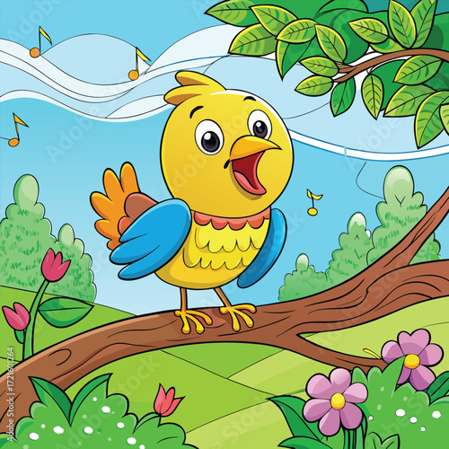 Cheerful cartoon bird singing joyfully on a tree branch in a vibrant spring landscape vector