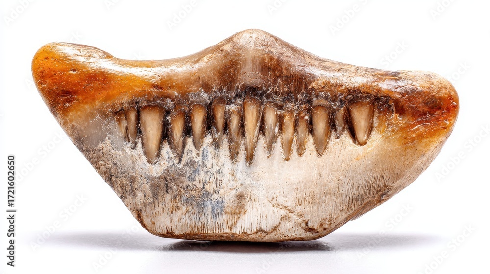Naklejka premium Detailed view of an ancient fossilized jawbone, showcasing numerous small teeth set against a stark white backdrop. The bone is light brown and beige with darker gray accents.