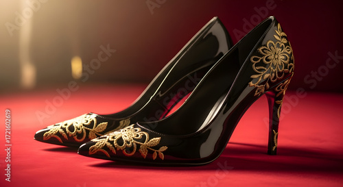  Black high-heeled shoes with elegant gold embroidery on red background