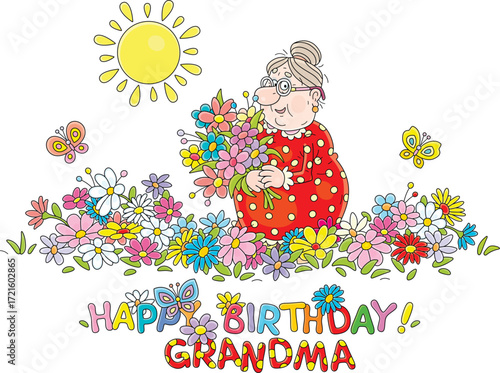 Happy birthday grandma card with a smiling grandmother in a traditional dress holding a bouquet of beautiful flowers and merry butterflies fluttering around her summer garden, vector cartoon