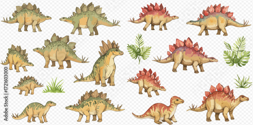 Watercolor illustration set featuring various Stegosaurus-like dinosaurs, including adults and babies, depicted in different poses alongside lush green foliage elements.