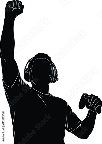 Victorious gamer celebrating win with controller and headset in silhouette, esports champion moment