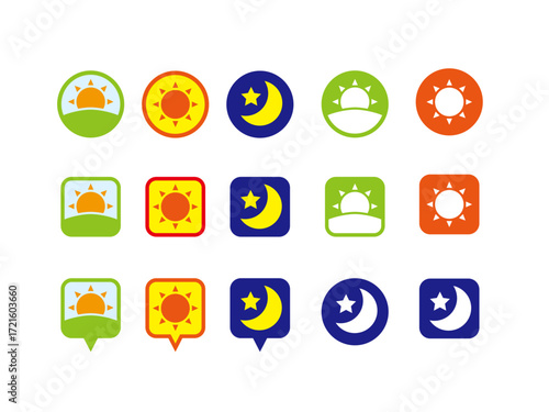 Collection of vector icons depicting day and night, featuring sun, moon, and stars in various shapes and colors.