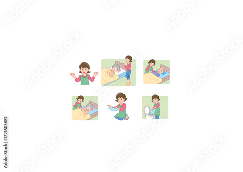 Animated illustrations of a woman performing daily hygiene tasks, depicted in a step-by-step sequence.