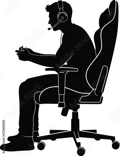 Intense gamer silhouette immersed in virtual world seated in ergonomic gaming chair with headset on