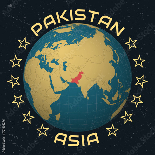 Islamic Republic of Pakistan on Globe. Country name round text. Vintage look with grunge scratched texture. Country view on world map in Sky Blue Light Yellow color palette. Pakistan shape on map.