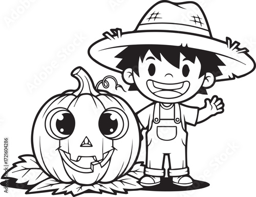 A black and white cartoon illustration of a happy boy in overalls next to a carved pumpkin with leaves.