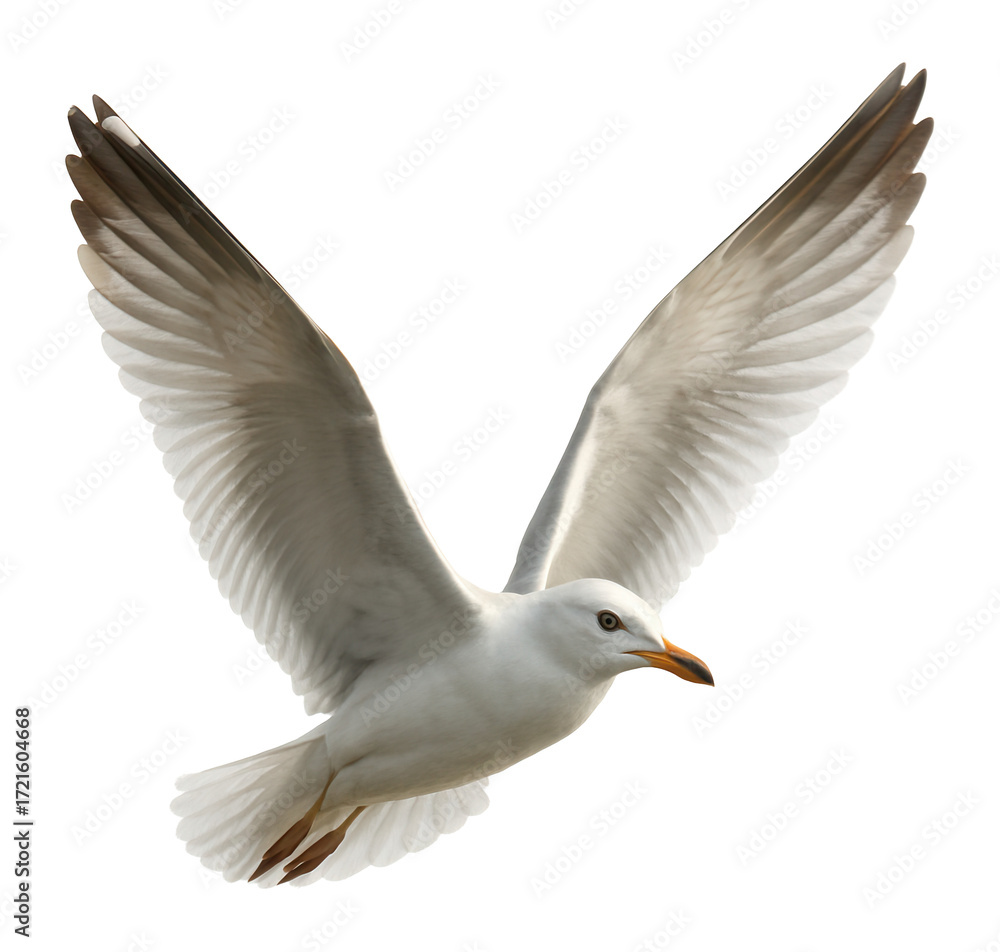 Obraz premium Seagull flying with wings fully extended.