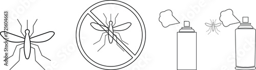 Mosquito with Spray Icon Set, Insect Control, Repellent, Pest Protection, Health, Safety, Bug Spray, Malaria Prevention, and Hygiene Symbols in Modern Vector Style, Malaria Danger Warning Signal