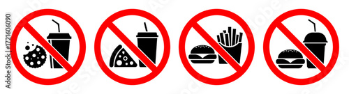 Food and drink not allowed ban icon set vector with prohibited sign. No junk food, soda, pizza, burger, fries, Fast food prohibited sign vector illustration