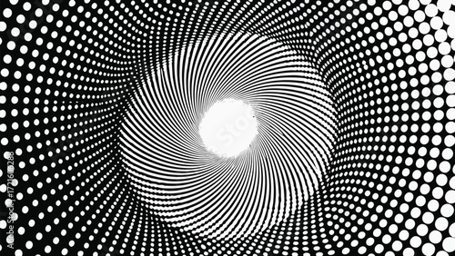 Black and white optical illusion vortex with swirling dots and lines spiral tunnel