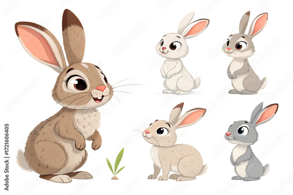 Obraz premium Various rabbits and Easter bunnies PNG – Cartoon and realistic hare and rabbit illustrations on a transparent background