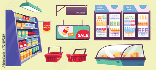 Isolated grocery store fridge cartoon vector set