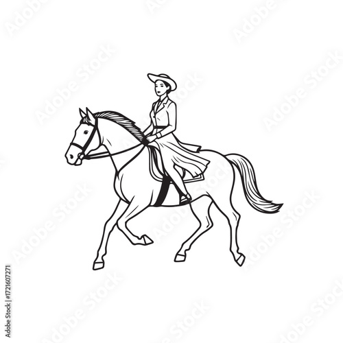 Black and white line art of a beautiful woman with perfect body riding horse elegant minimalist illustration