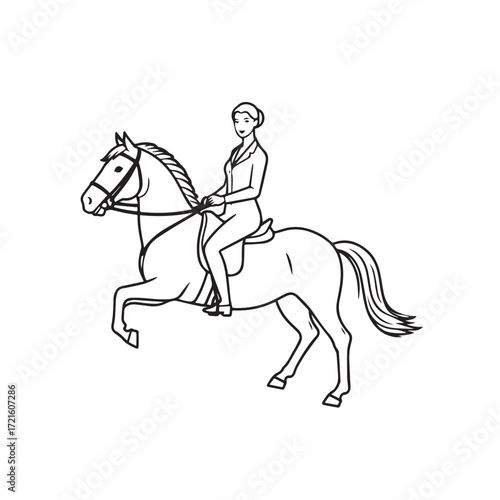 Black and white line art of a beautiful woman with perfect body riding horse elegant minimalist illustration