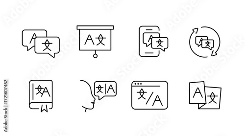 Language translation outline icons set – linear, linguistic, communication symbols