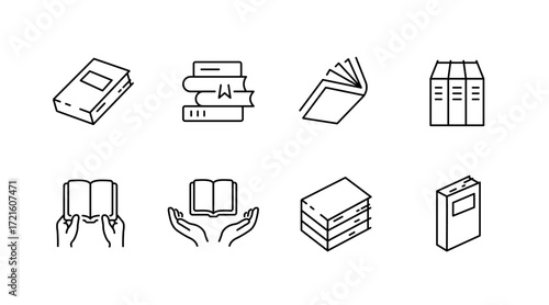 Book and library icons set – outline, linear, reading and literature symbols