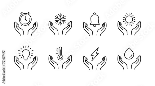 Hands elements outline icons set – linear, essential, symbolism and gesture symbols